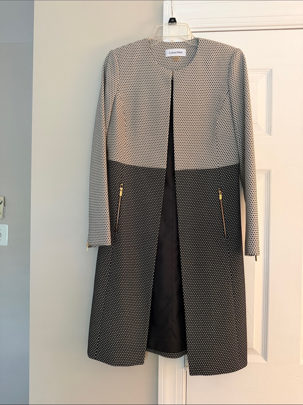 Calvin Klein Black and White Two-Tone Open-Front Trench Coat with Gold Zips